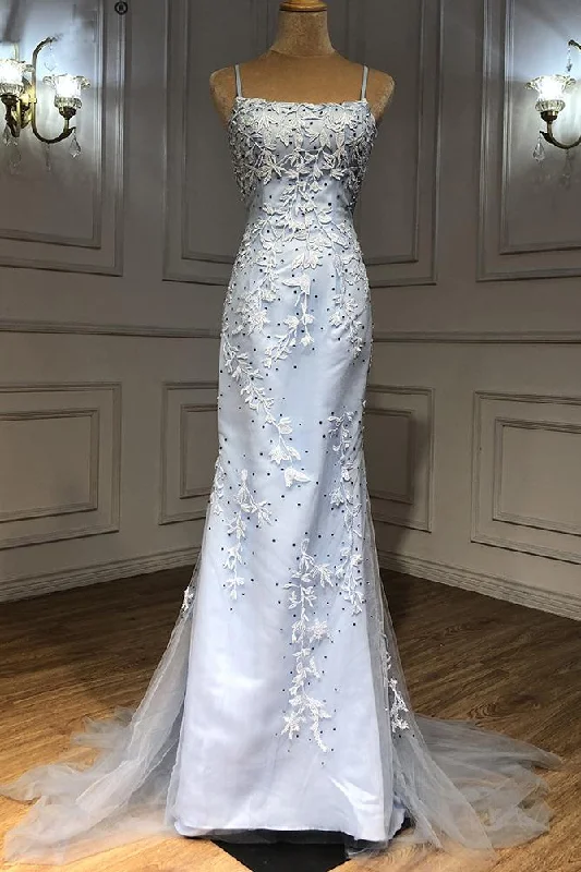 Light Blue Tulle Lace Appliques Long Mermaid Prom Dress, Open Back Party Dress     cg22659 Boat Neckline Classic