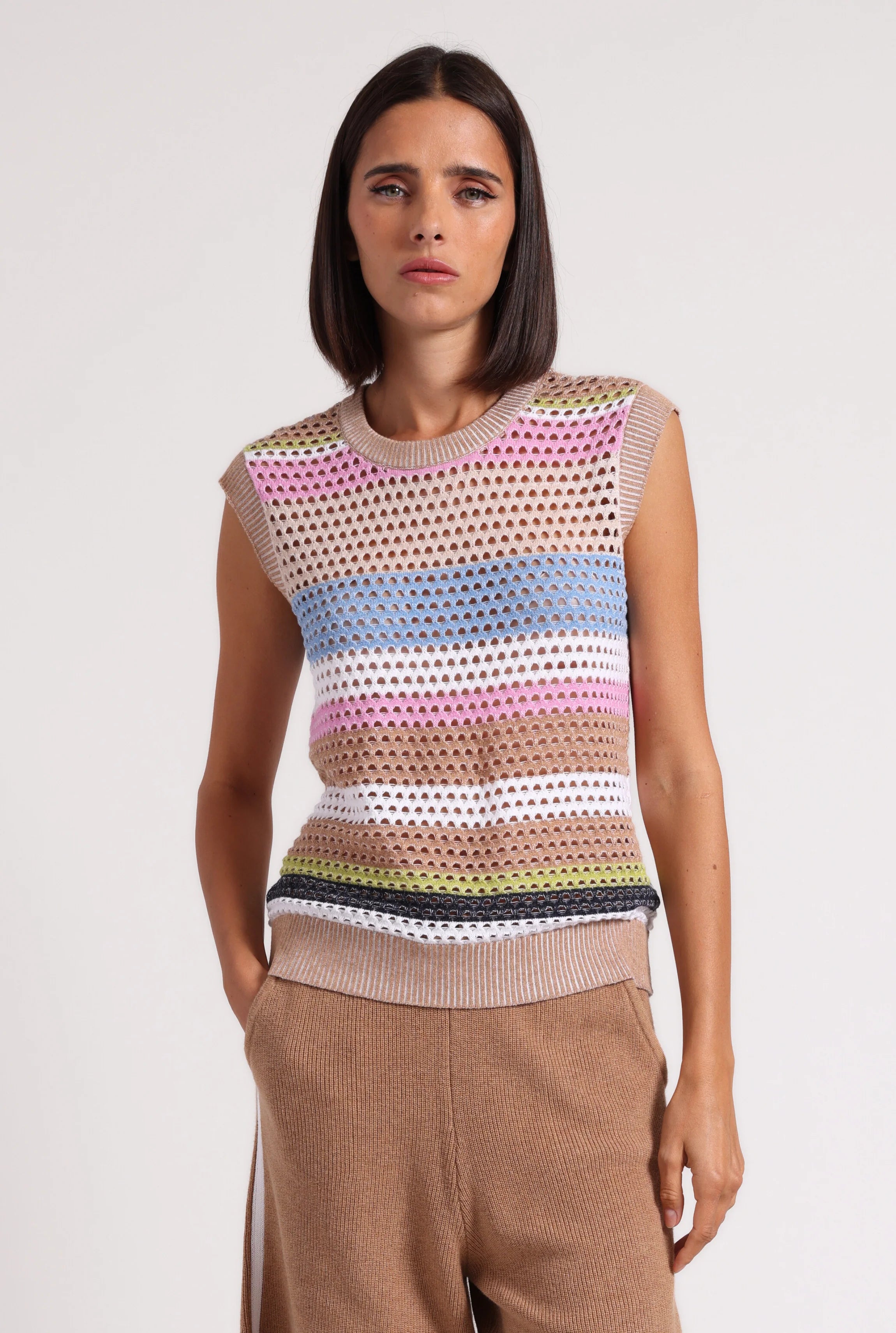 Cotton Cashmere Plaited Mesh Stripe Muscle Tank Camel Multi Stripe - Minnie Rose bright tank top
