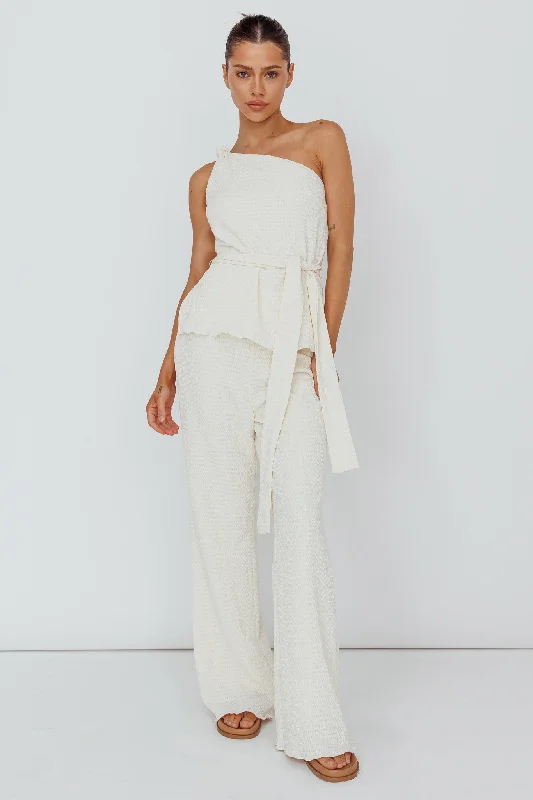 Austin City Textured Pants Cream Stylish Elastic Waist Pants
