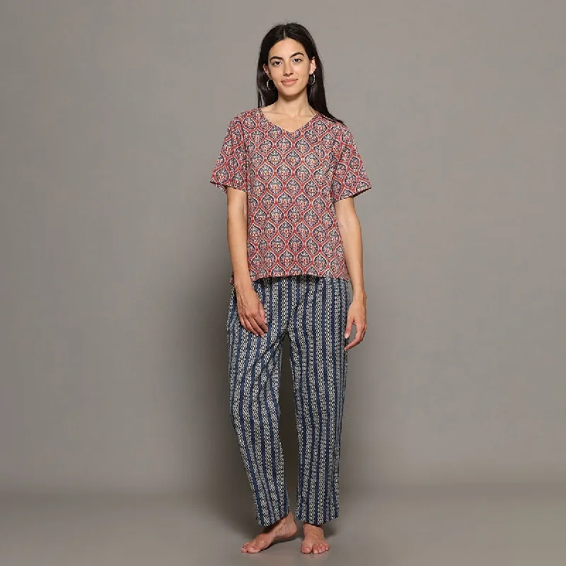Pink & Navy Cotton Printed Kurta & Pant Co-Ord Set – Loungewear Comfortable Denim Leggings
