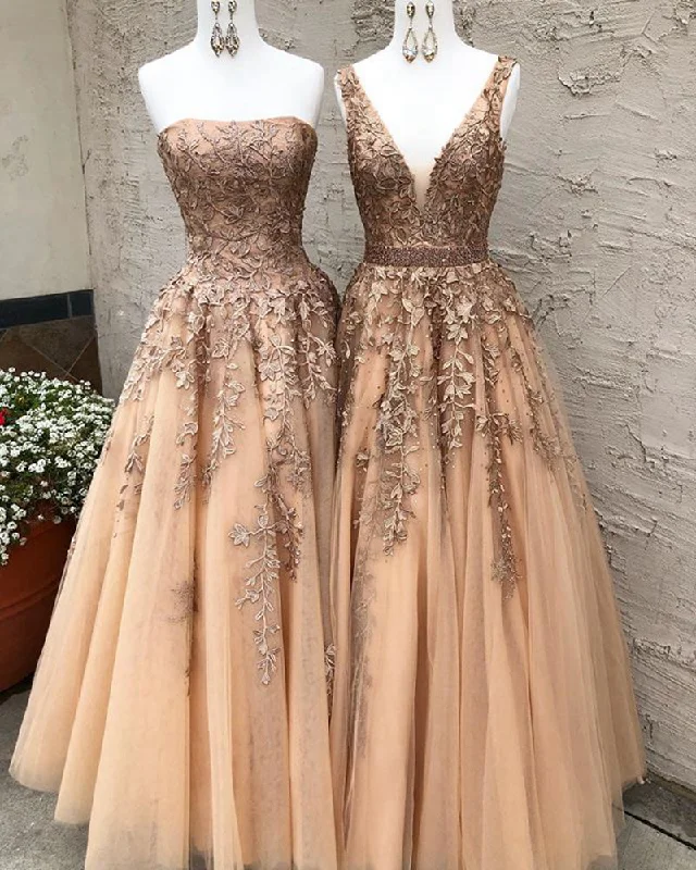Long Champagne Prom Dress Sexy V Neck Strapless A Line Appliques Formal Party Dresses     cg21353 Off-the-shoulder Chic Trendy