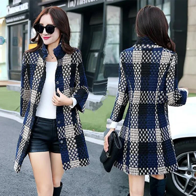 ELDORA Design Women's Fine Fashion Elegant Luxury Navy Blue Plaid Style Wool Coat Jacket V-Neck Jacket Boat Neck Jacket Square Neck Jacket