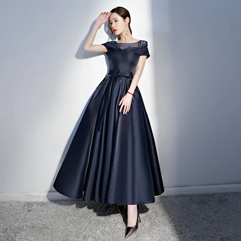 Navy Blue Satin Beaded New Style Long Party Dress, Blue Cap Sleeves Prom Dress   cg20333 Tunics Practical durable