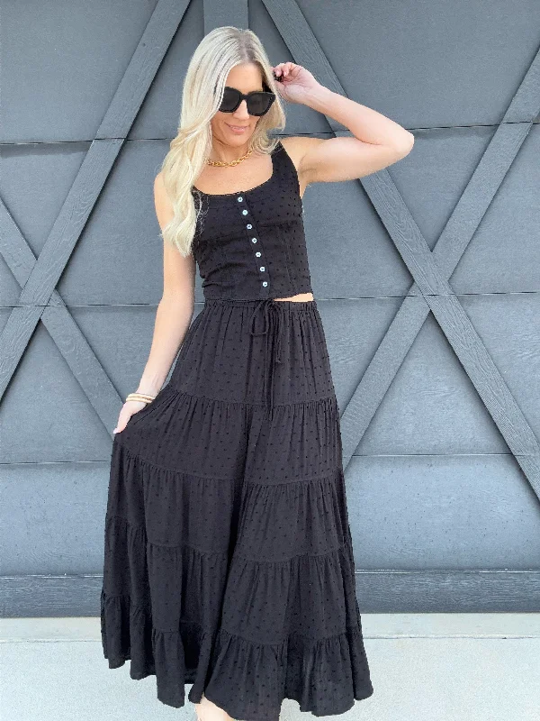 Textured Top Maxi Skirt Set In Black summer skirt style