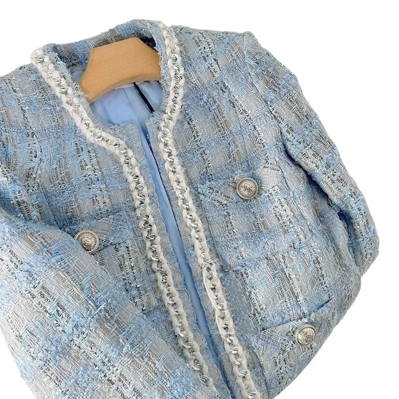 ELMA Women's Elegant Stylish Fashion Woven Light Blue Plaid Blazer Jacket Mesh Jacket Canvas Jacket Denim Jacket