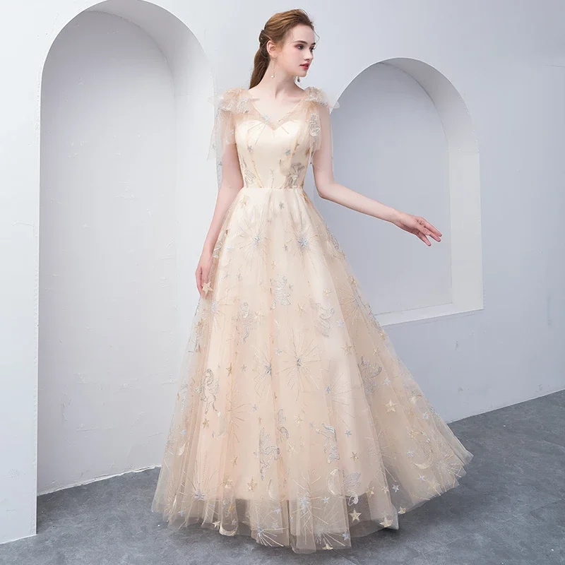 Light Champagne Lovely A-Line Floor Length Party Dress, Cute Tulle Bridesmaid Dress prom dress evening dress     cg20677 Tunics Spring floral