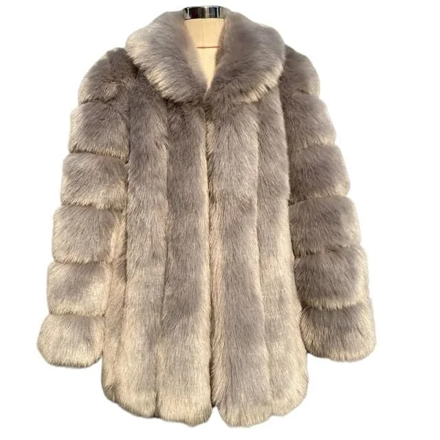 HQL Design Women's Fine Fashion Premium Quality Elegant Champagne Gray Faux Fur Collar Coat Jacket Print Jacket Jacquard Jacket Embroidered Jacket