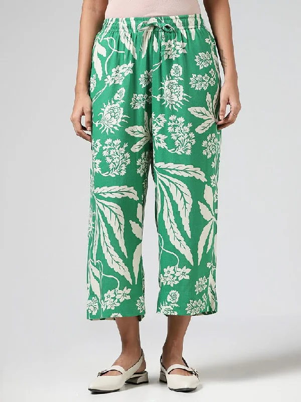Utsa Green Floral Printed Wide-Leg Pants Chic Black Leggings