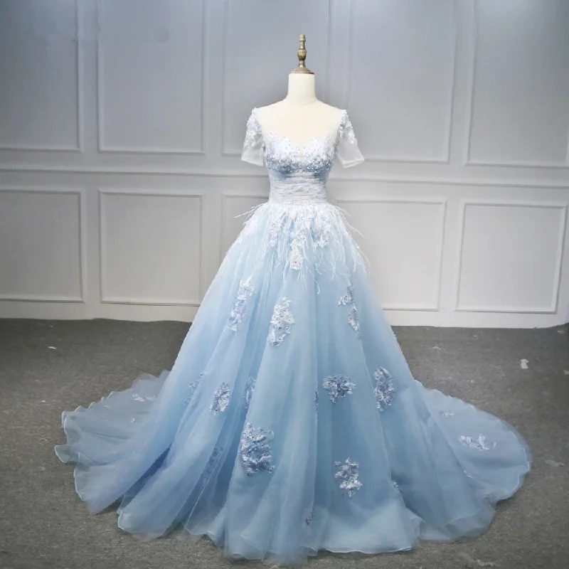 Blue Short Sleeves Lace Applique Organza Tulle Party Dress Prom Dress   cg21266 Boat Neckline Classic
