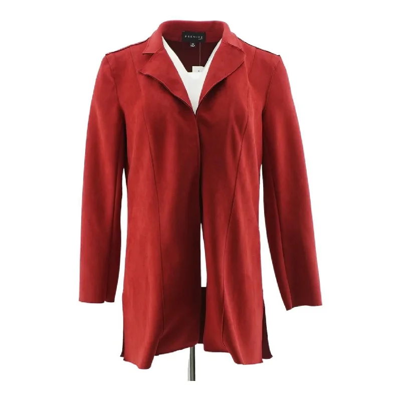 Red Solid Faux Leather Cardigan Crew Neck V-Neck Turtle Neck