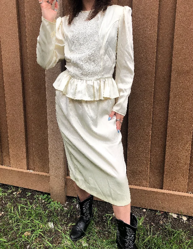 Vintage 70s Gunne Sax By Jessica McClintock Ivory Lace Front Top and Skirt Set, Vintage Sz. 9 chiffon skirt airy