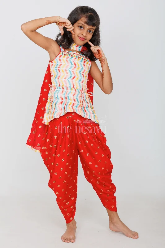 Multicolored Chevron Peplum Top with Red Patiala Pants for Girls Festive and Semi-Formal Wear Classic Straight-Leg Pants