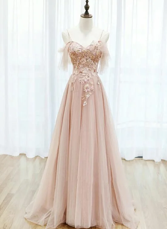Pink Tulle Lace Applique Flowers Off Shoulder Long Party Dress, Pink A-Line Prom Dress    cg22377 Tunics Solid Classic