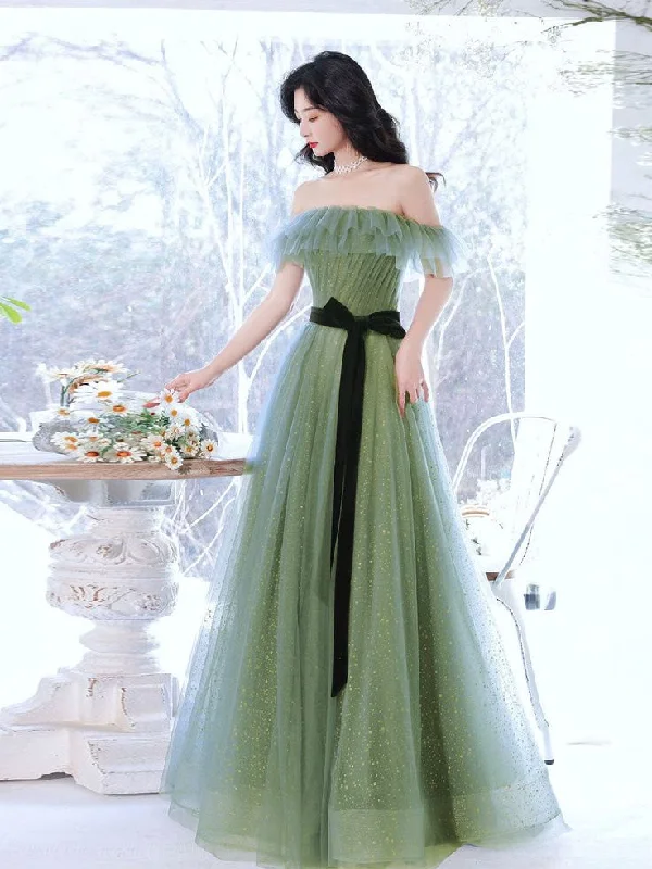 A line Green Long Prom Dresses, Green Tulle Formal Graduation Party Dress   cg24988 Tunics Distressed trendy