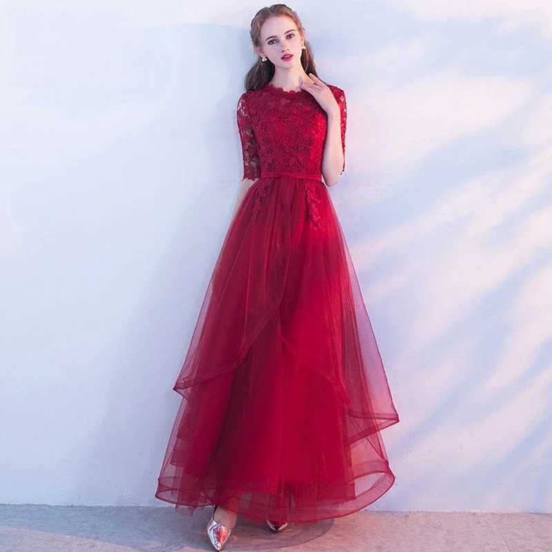 Wine Red Lace 1/2 Sleeves Tulle Long Party Dress, A-Line Layers Tulle Prom Dress    cg20679 Tunics Seasonal trendy