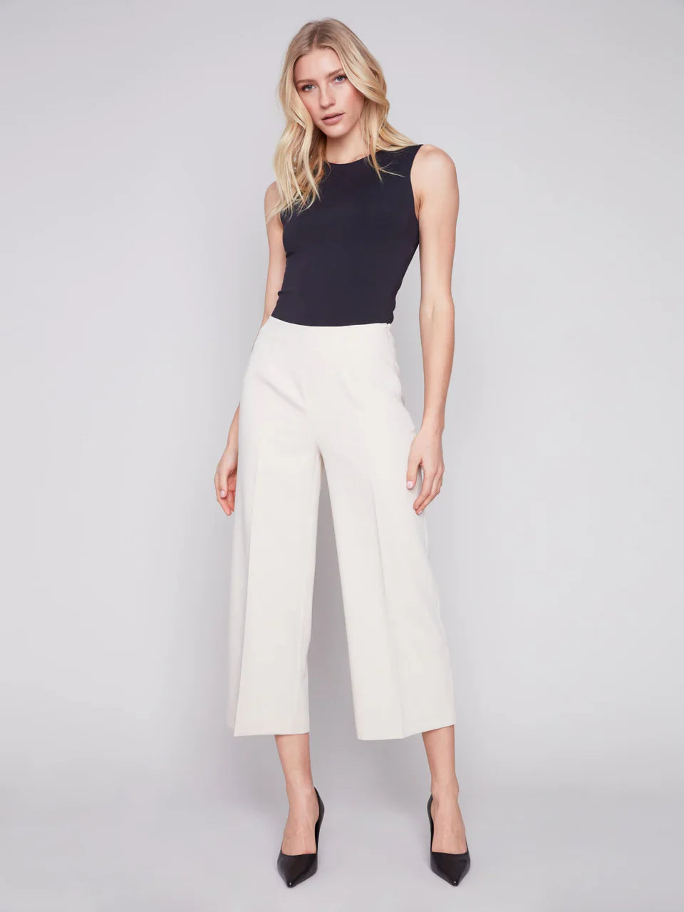Charlie B Beige Wide Leg Side Zip Pant Casual Skinny Fit Pants