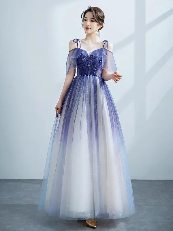 Purple Tulle Gradient Straps Beaded Long Party Dress, New Style A-Line Tulle Prom Dress    cg20253 Tunics Luxurious high-end