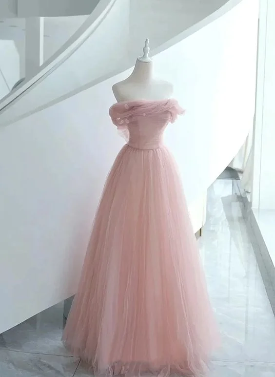 Pink Tulle Scoop A-line Floor Length Party Dress, Pink Off Shoulder Formal Dress Prom Dress    cg25013 Tunics Velvet soft