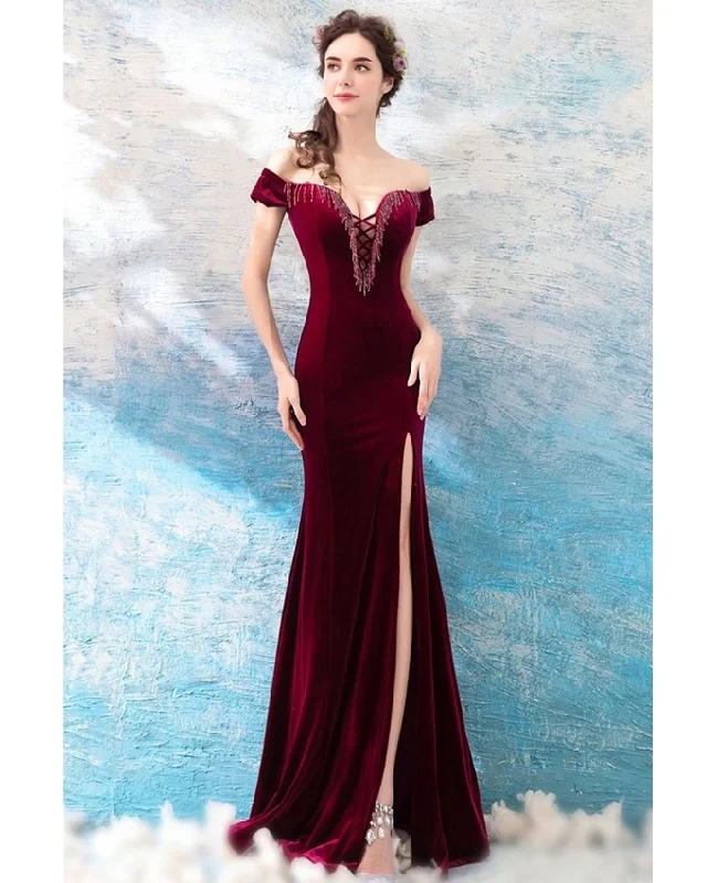 mermaid slit prom dress burgundy evening dress, party dress    cg21322 Boatneck Modish Everyday