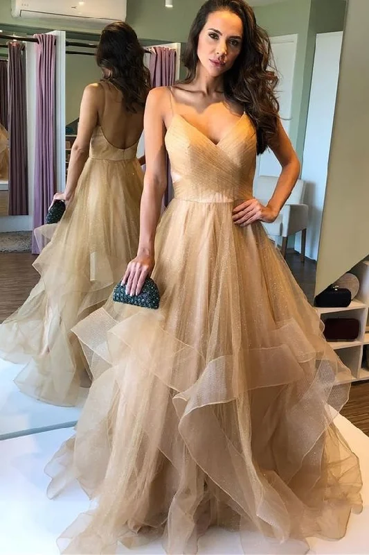 spaghetti straps gold tulle long party dress with open back prom dress    cg21522 Glittery Long Formal