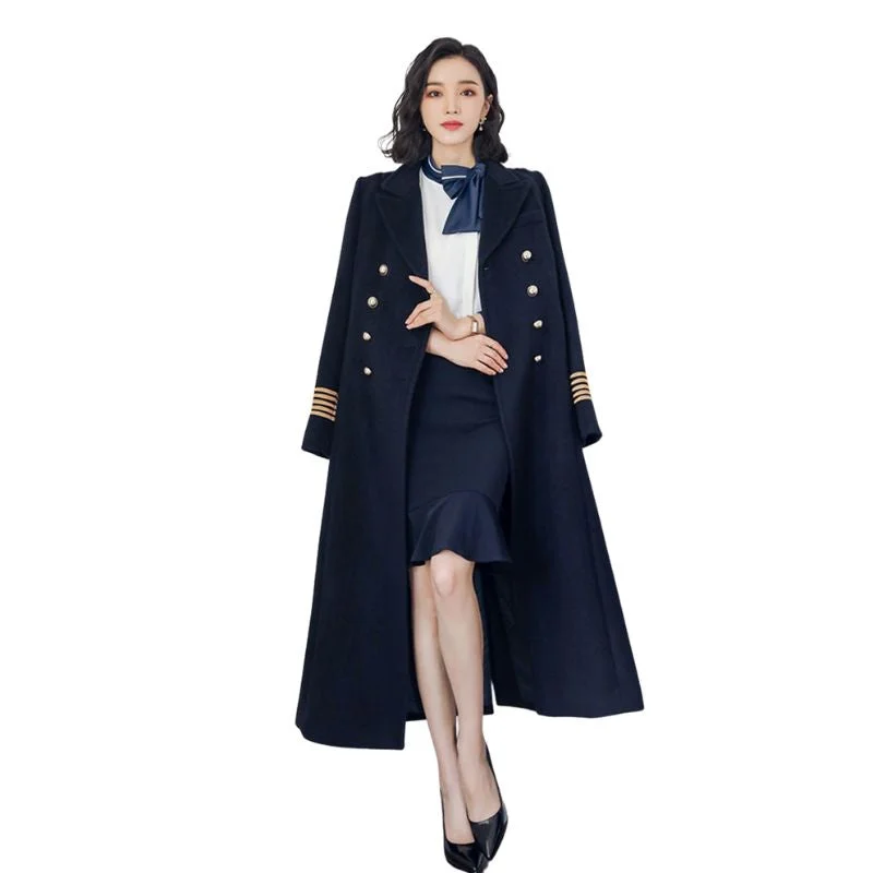 MARISSA Design Women's Fine Fashion Elegant Navy Blue Long Luxury Military Style Wool Coat Jacket Fitted Jacket Loose Jacket Oversized Jacket