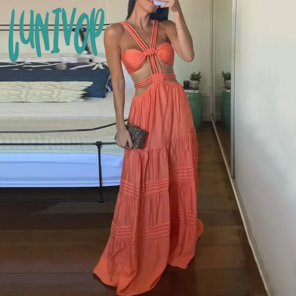 Lunivop Women Long Dresses Summer Fashion Sexy Strap Sleeveless Backless Hollow Out Pleated Solid Beach Party Dress Streetwear Tunics Luxurious premium