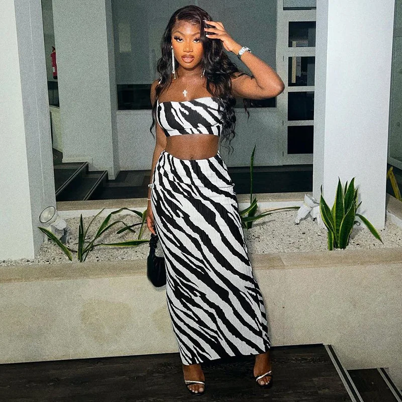 11646 Stipe Zebra Tie Dye Print Sleeveless High Waist Crop Top Midi Tube Skirt Women'S Sets  Spring Summer American Clothing silk skirt lustrous