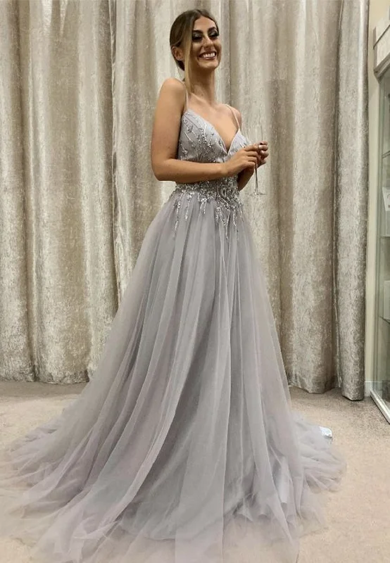 Gray tulle beads long prom dress party dress   cg14938 Tunics Cozy comfortable
