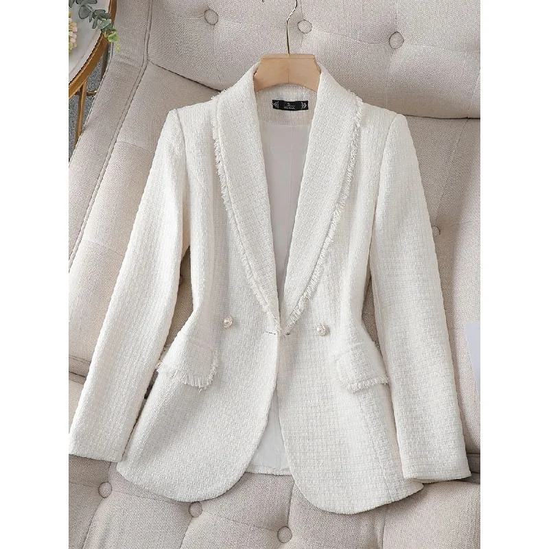 CAROLINE SUITS Women's Elegant Stylish Fashion Office Professional Woven Ivory White Plaid Blazer Jacket Mesh Jacket Canvas Jacket Denim Jacket