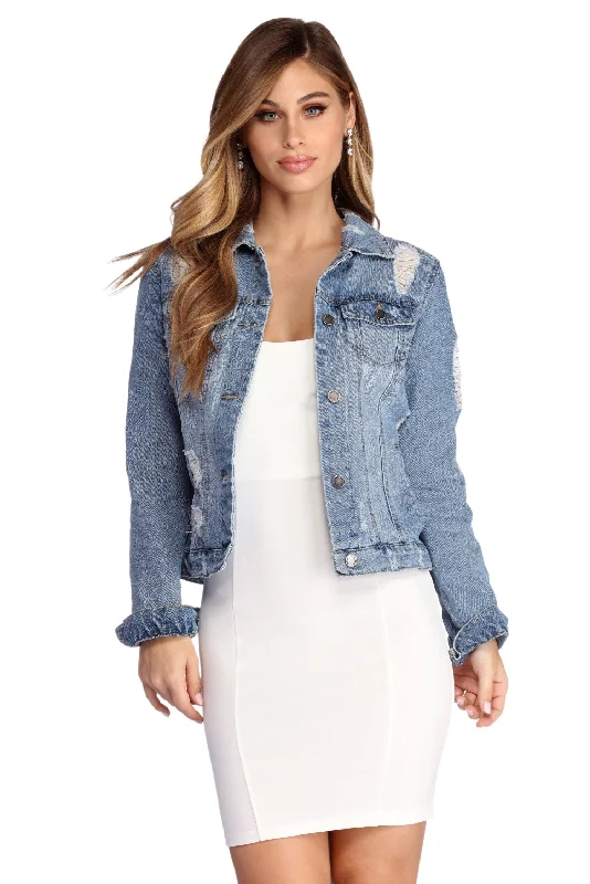 Hot Stuff Distressed Denim Jacket Belted Jacket Elasticated Jacket Padded Jacket