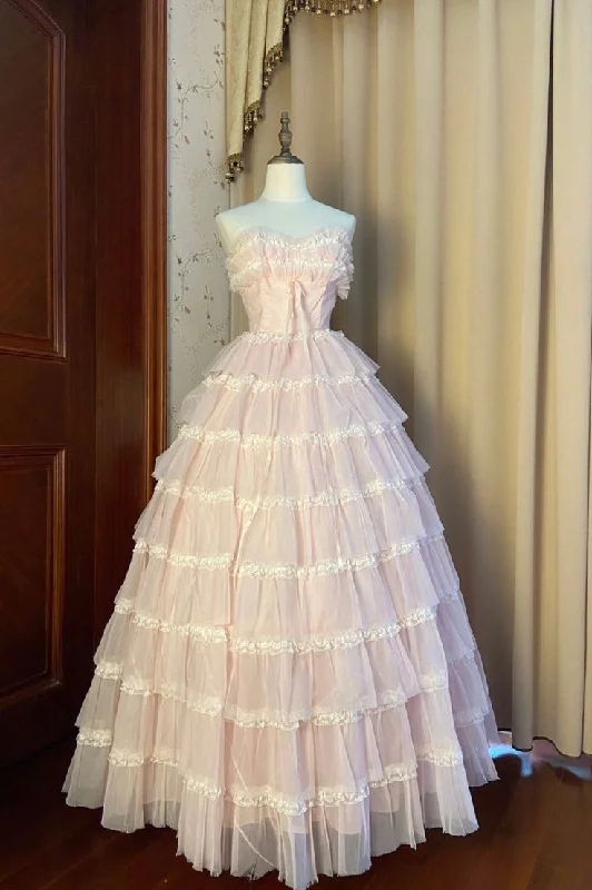 Pink Strapless Layers Tulle Long Party Dress, Glam Prom Dress Formal Gown      cg25275 Tunics New arrival