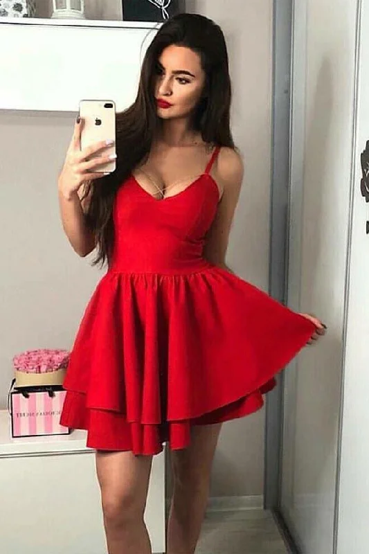 A-Line Spaghetti Straps Tiered Satin Homecoming Dress Party Dress PD069 Satin Halter Glamorous