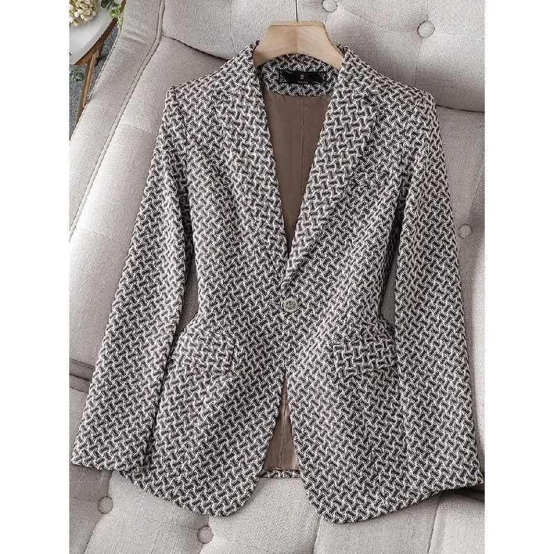CAROLINE SUITS Women's Elegant Stylish Fashion Office Professional Woven Brown Plaid Blazer Jacket Cotton Jacket Linen Jacket Terry Jacket