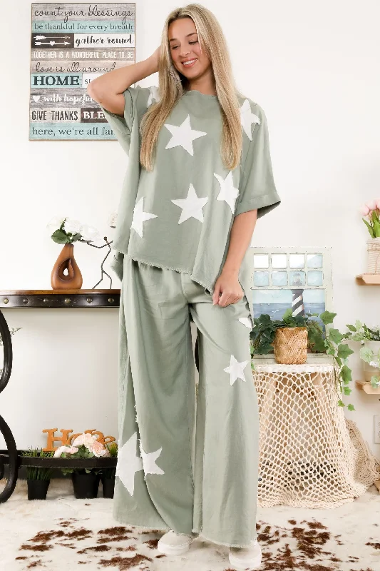 LINEN BLENDS STAR PATCH TOP & PANTS SET Comfortable Jogger Trousers