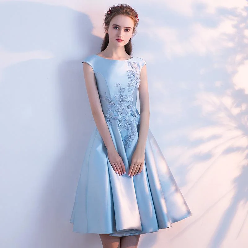 Blue Satin Knee Length Round Neckline Party Dress, Blue Prom Dress Bridesmaid Dress   cg16876 Tunics Summer linen