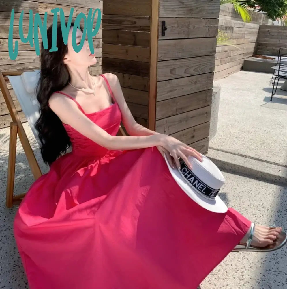 Lunivop Summer Beach Backless Midi Dresses for Women Elegant Chic Spaghetti Strap Slim Female Clothes Sexy Evening Party Dress Robe Cowl Neckline Elegant