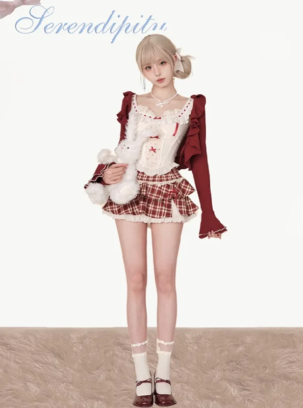 Flared Sleeve Ruffle Short Cardigan & Girly Ribbon Ruffle Top & Layered Ruffle Mini Plaid Skirt SER0037 high waist skirt