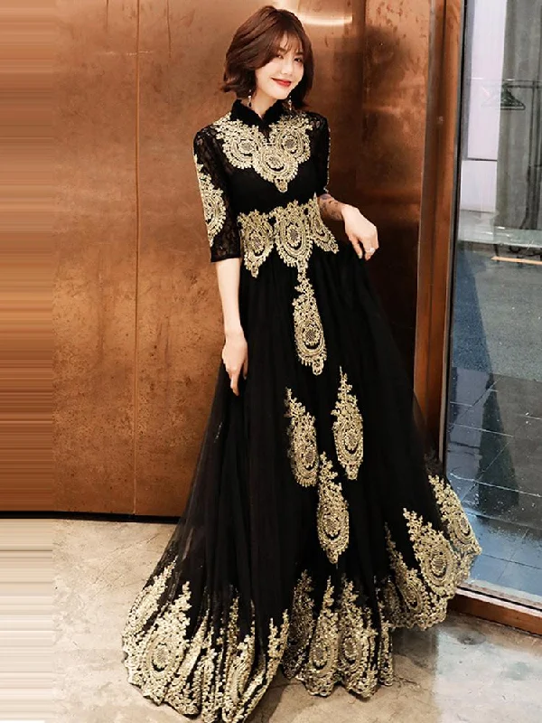 Black Tulle 1/2 Sleeves With Gold Lace Applique Party Dress, Charming Black Evening Dress Prom Dress    cg20826 Tunics Office stylish