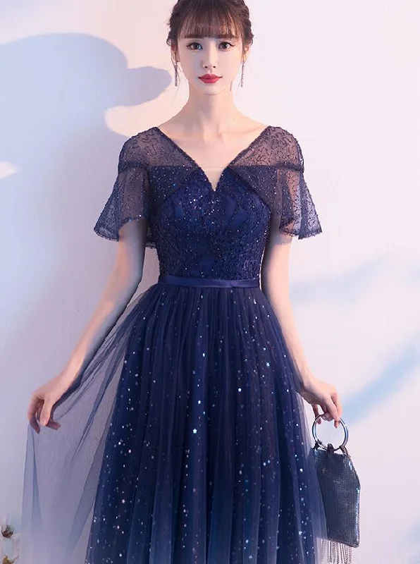 Navy Blue Gradient V-Neckline Shiny Tulle A-Line Prom Dress Party Dress, Blue Tulle Short Bridesmaid Dress       cg22963 High-Low Hemline Casual
