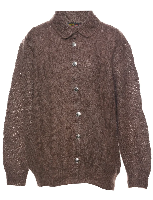 Cable Knit Brown Cardigan - L Chenille Brocade Lace