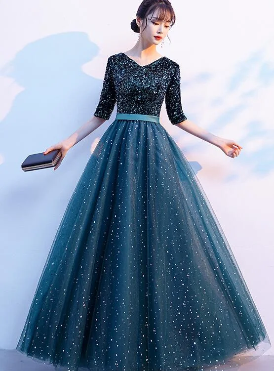 Green Sequins And Tulle Short Sleeves Long Bridesmaid Dress, Green A-Line Wedding Party Dress A line prom dress    cg20332 Tunics Versatile functional
