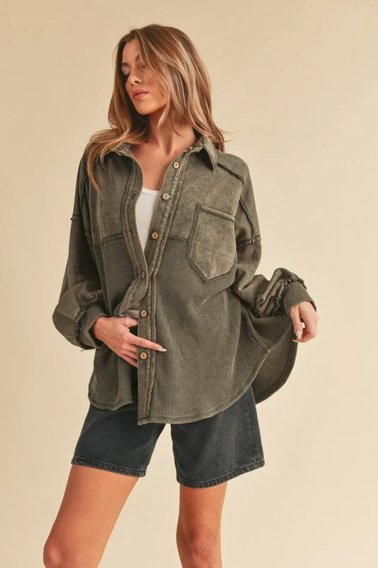 Aemi + Co Acid Washed Exposed Seam Button Up Jacket Front Pockets Side Pockets Patch Pockets