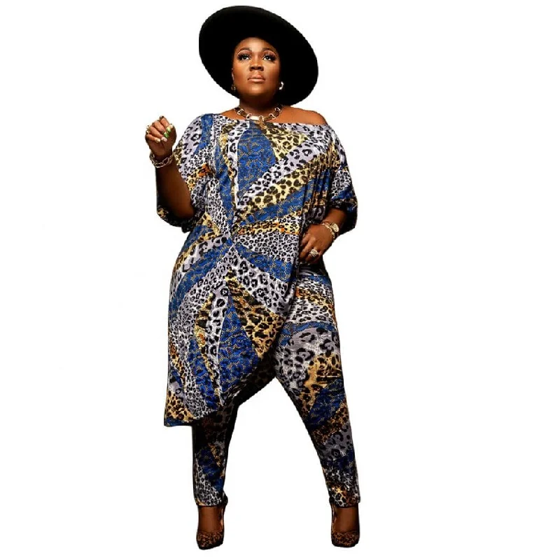 RX Hot sale plus size 2piece set two piece sets plus size leopard 2pc pants set women Relaxed Fit Trousers