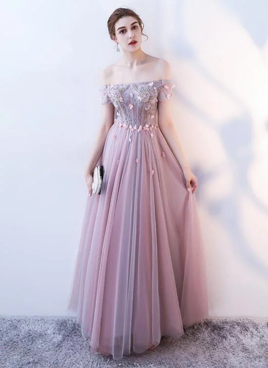 Pink Tulle Flowers And Beaded Long Off Shoulder Prom Dress, A-Line Pink Party Dress   cg21828 Tunics Handmade artisanal