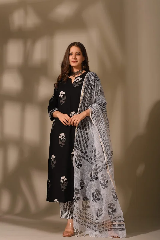 Women's Cotton Floral Printed Black Kurta Pant Set With Dupatta - Malishka Export Soft Sweatpants Style