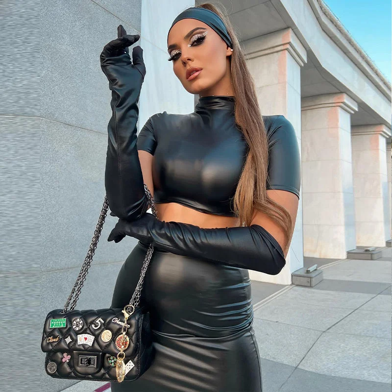 1222Pu Faux Leather Short Sleeve High Waist Crop Top Tube Midi Slit Back Skirt Women'S Set 2023 Party Club American Clothing cashmere skirt plush