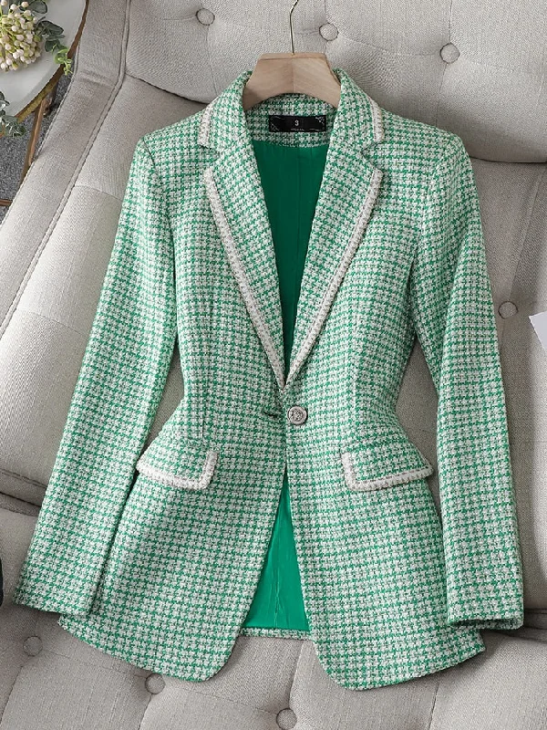 CAROLINE SUITS Women's Elegant Stylish Fashion Office Professional Woven Green Plaid Blazer Jacket Fleece Fabric Down Fabric Feather Fabric