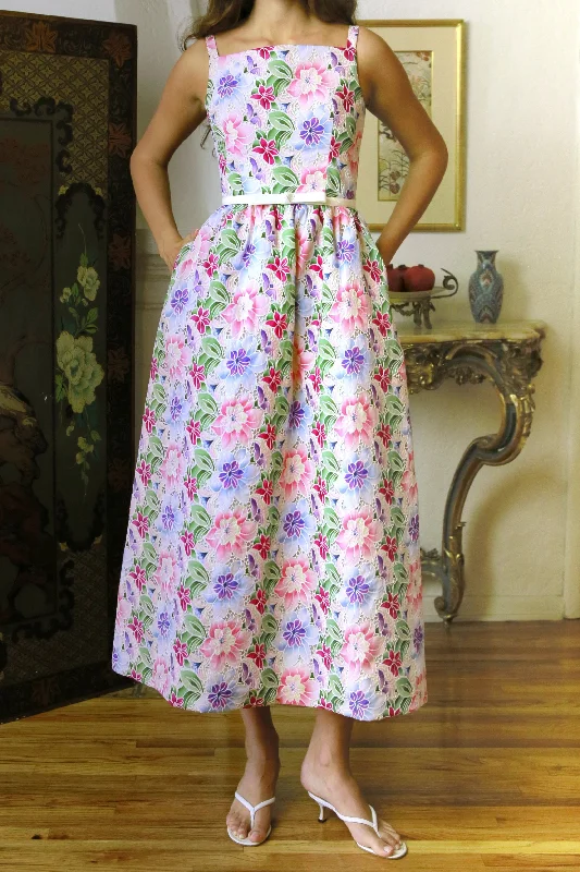 Square Neck Full Skirt in Multi Colored Italian Cotton Eyelet silk skirt luxurious