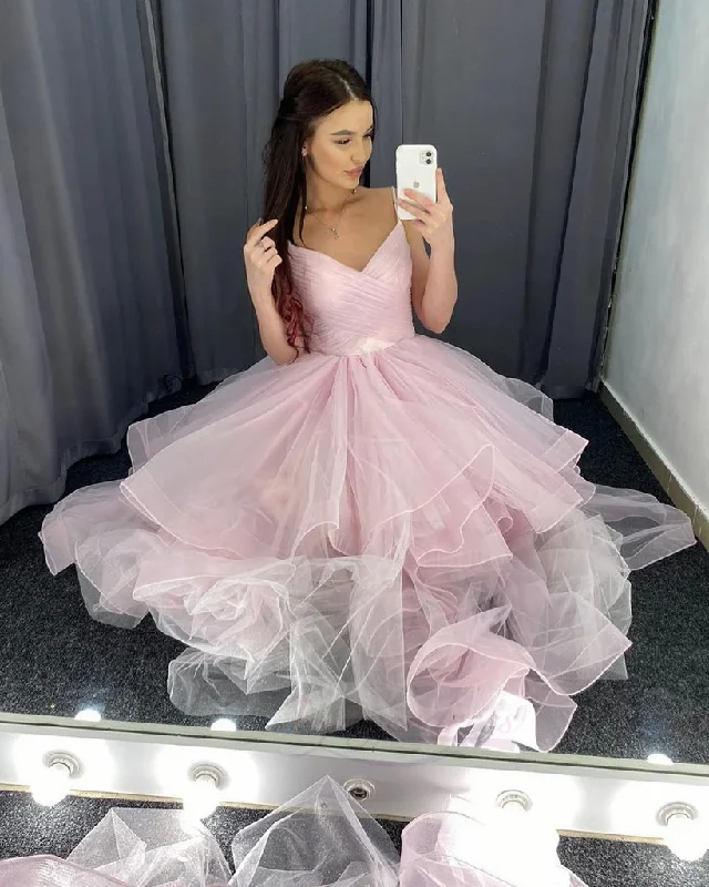 Pink Straps V-Neckline Tulle Long Layers Prom Dresses Party Dress, Pink Tulle Formal Dress   cg22169 Tunics Yoga stretchy