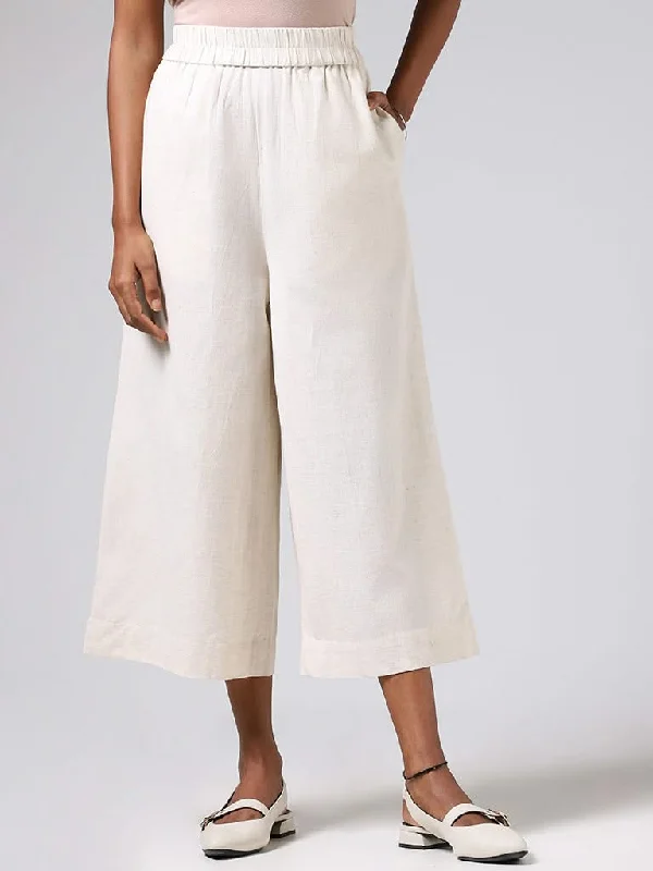 Utsa Solid Off White Cotton Blend Wide-Leg Pants Comfortable Wide-Leg Pants